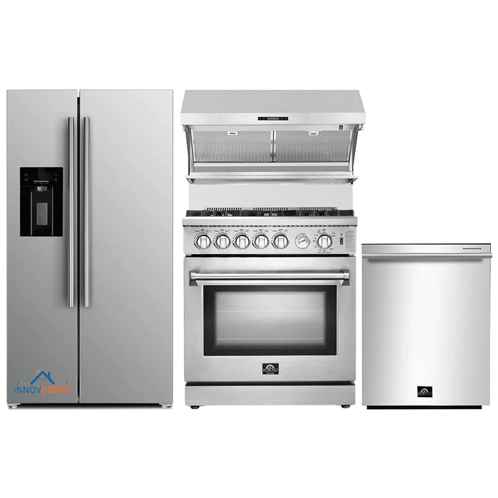 Forno 4-Piece Appliance Package - 30-Inch Gas Range, Refrigerator with Water Dispenser, Wall Mount Hood with Backsplash, & 3-Rack Dishwasher in Stainless Steel