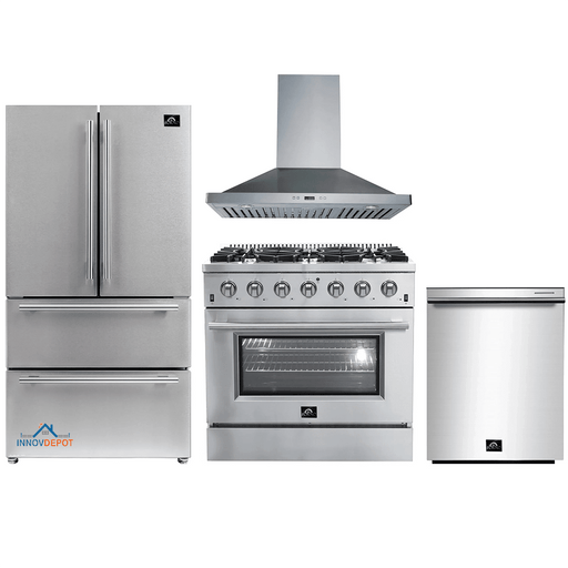 Forno 4-Piece Appliance Package - 36-Inch Gas Range, Refrigerator, Wall Mount Hood, & 3-Rack Dishwasher in Stainless Steel