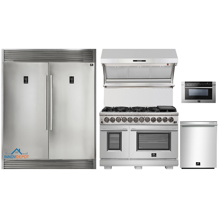 Forno 5-Piece Pro Appliance Package - 48-Inch Dual Fuel Range, 56-Inch Pro-Style Refrigerator, Wall Mount Hood with Backsplash, Microwave Drawer, & 3-Rack Dishwasher in Stainless Steel