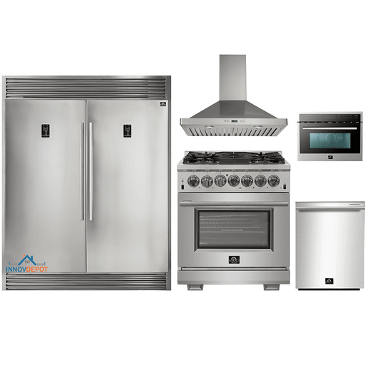 Forno 5-Piece Pro Appliance Package - 30-Inch Dual Fuel Range, 56-Inch Pro-Style Refrigerator, Wall Mount Hood, Microwave Oven, & 3-Rack Dishwasher in Stainless Steel