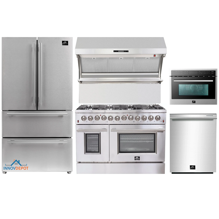 Forno 5-Piece Appliance Package - 48-Inch Dual Fuel Range, Refrigerator, Wall Mount Hood with Backsplash, Microwave Oven, & 3-Rack Dishwasher in Stainless Steel