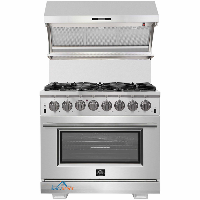 Forno 2-Piece Pro Appliance Package - 36-Inch Dual Fuel Range & Wall Mount Hood with Backsplash in Stainless Steel