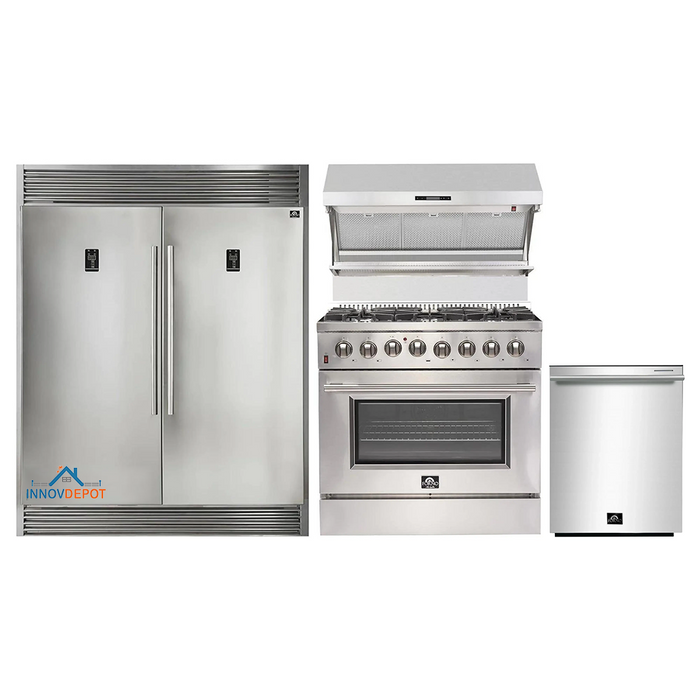 Forno 4-Piece Appliance Package - 36-Inch Dual Fuel Range, 56-Inch Pro-Style Refrigerator, Wall Mount Hood with Backsplash, & 3-Rack Dishwasher in Stainless Steel