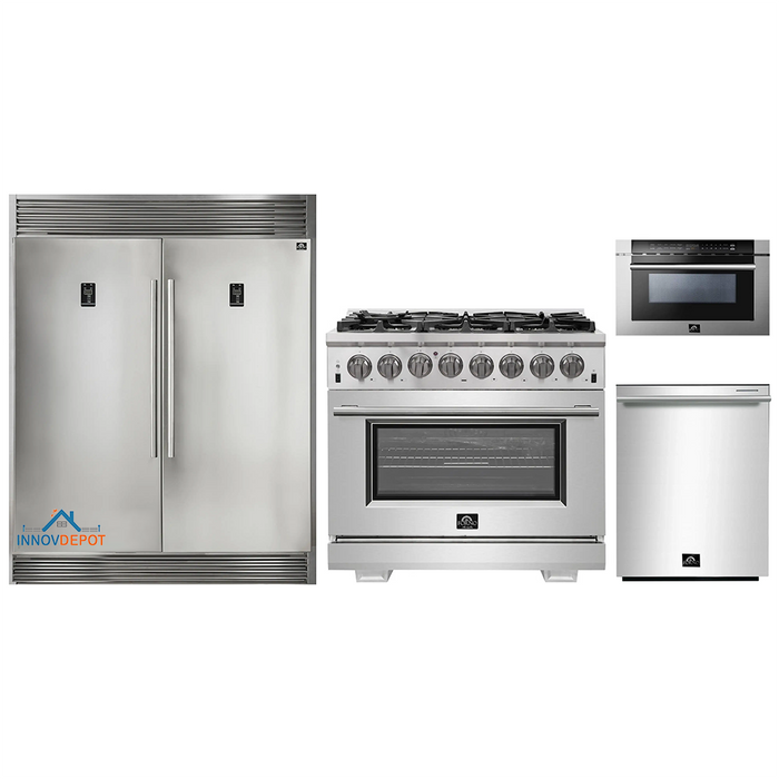 Forno 4-Piece Pro Appliance Package - 36-Inch Dual Fuel Range, 56-Inch Pro-Style Refrigerator, Microwave Drawer, & 3-Rack Dishwasher in Stainless Steel