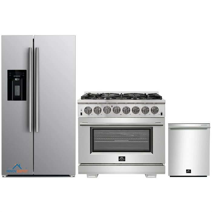 Forno 3-Piece Pro Appliance Package - 36-Inch Dual Fuel Range, Refrigerator with Water Dispenser, & Dishwasher in Stainless Steel