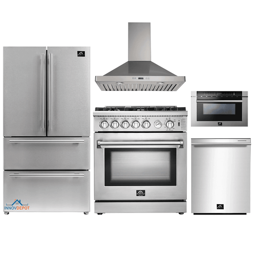 Forno 5-Piece Appliance Package - 30-Inch Gas Range, Refrigerator, Wall Mount Hood, Microwave Drawer, & 3-Rack Dishwasher in Stainless Steel