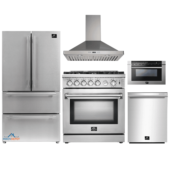 Forno 5-Piece Appliance Package - 30-Inch Gas Range, Refrigerator, Wall Mount Hood, Microwave Drawer, & 3-Rack Dishwasher in Stainless Steel