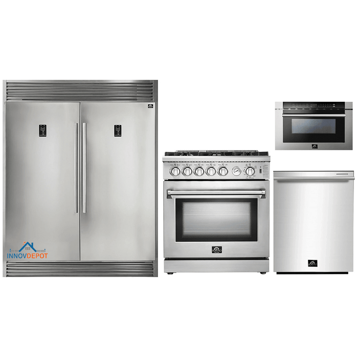 Forno 4-Piece Appliance Package - 30-Inch Gas Range, 56-Inch Pro-Style Refrigerator, Microwave Drawer, & 3-Rack Dishwasher in Stainless Steel