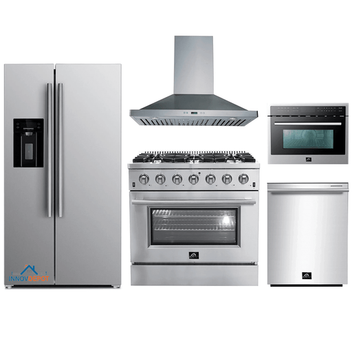 Forno 5-Piece Appliance Package - 36-Inch Gas Range, Refrigerator with Water Dispenser, Wall Mount Hood, Microwave Oven, & 3-Rack Dishwasher in Stainless Steel