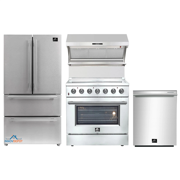 Forno 4-Piece Appliance Package - 36-Inch Electric Range, Wall Mount Range Hood with Backsplash, French Door Refrigerator, and Dishwasher in Stainless Steel