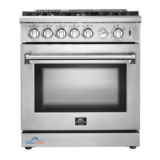 Forno 5-Piece Appliance Package - 30-Inch Gas Range, Refrigerator, Wall Mount Hood, Microwave Oven, & 3-Rack Dishwasher in Stainless Steel
