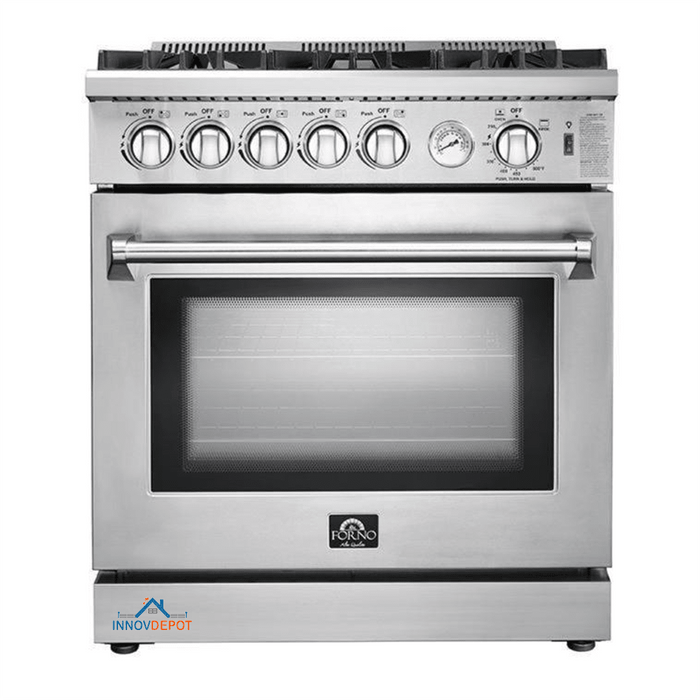 Forno 5-Piece Appliance Package - 30-Inch Gas Range, Refrigerator, Wall Mount Hood, Microwave Oven, & 3-Rack Dishwasher in Stainless Steel
