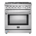 Forno 5-Piece Appliance Package - 30-Inch Gas Range, Refrigerator, Wall Mount Hood, Microwave Oven, & 3-Rack Dishwasher in Stainless Steel