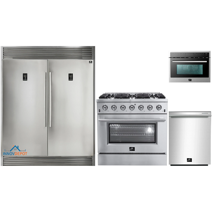 Forno 4-Piece Appliance Package - 36-Inch Gas Range, 56-Inch Pro-Style Refrigerator, Microwave Oven, & 3-Rack Dishwasher in Stainless Steel