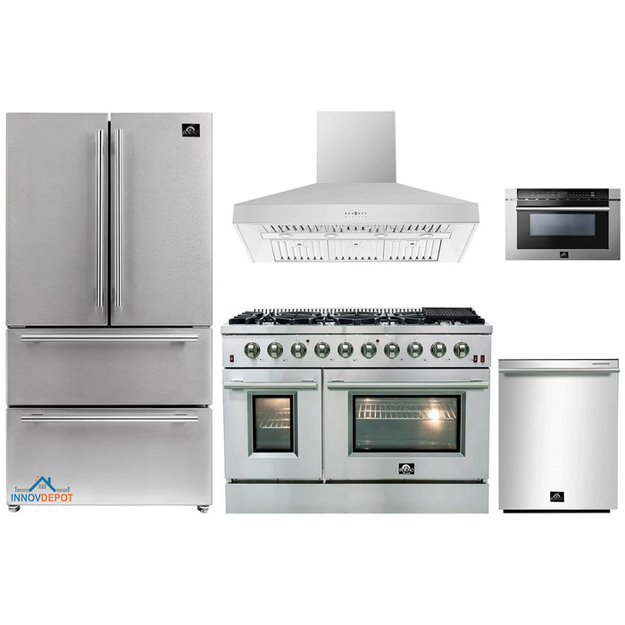 Forno 5-Piece Appliance Package - 48-Inch Gas Range, Refrigerator, Wall Mount Hood, Microwave Drawer, & 3-Rack Dishwasher in Stainless Steel