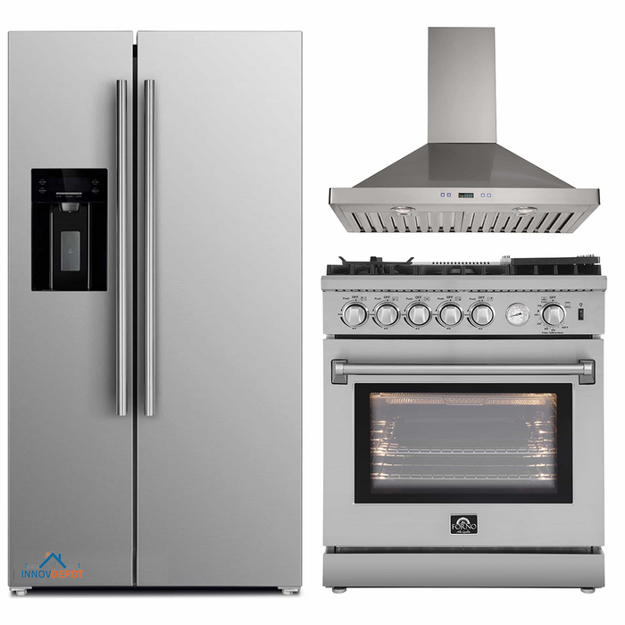 Forno 3-Piece Appliance Package - 30-Inch Gas Range with Air Fryer, Refrigerator with Water Dispenser,& Wall Mount Hood in Stainless Steel