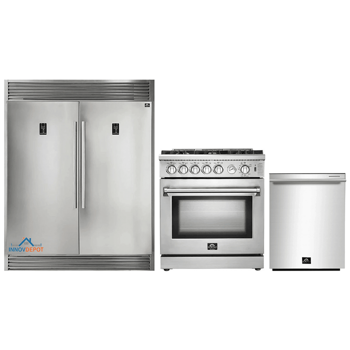 Forno 3-Piece Appliance Package - 30-Inch Gas Range, Pro-Style Refrigerator, and Dishwasher in Stainless Steel