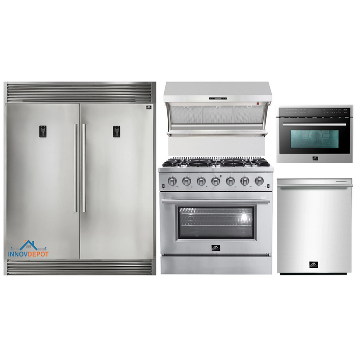 Forno 5-Piece Appliance Package - 36-Inch Gas Range, 56-Inch Pro-Style Refrigerator, Wall Mount Hood with Backsplash, Microwave Oven, & 3-Rack Dishwasher in Stainless Steel