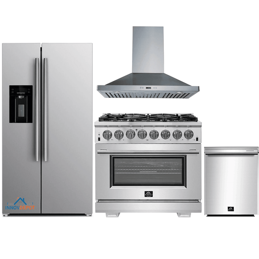 Forno 4-Piece Pro Appliance Package - 36-Inch Dual Fuel Range, Refrigerator with Water Dispenser, Wall Mount Hood, & 3-Rack Dishwasher in Stainless Steel