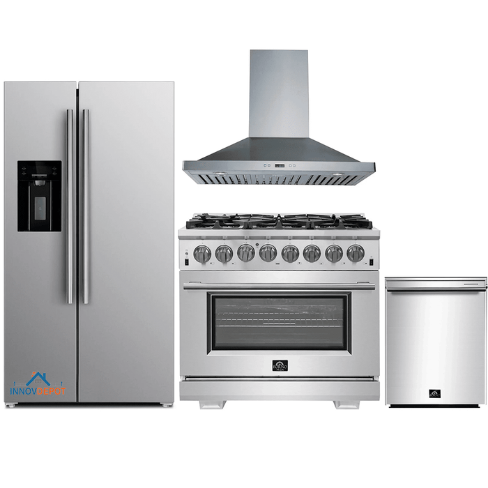 Forno 4-Piece Pro Appliance Package - 36-Inch Dual Fuel Range, Refrigerator with Water Dispenser, Wall Mount Hood, & 3-Rack Dishwasher in Stainless Steel