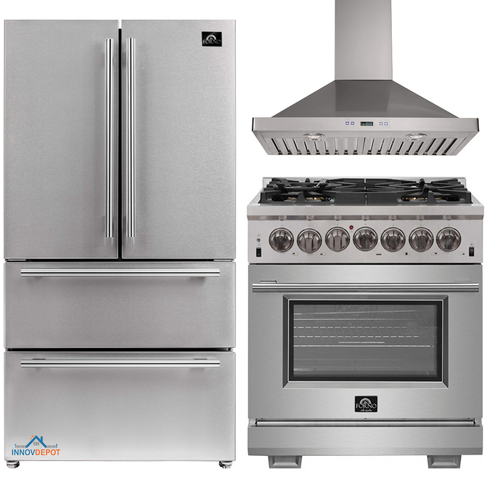 Forno 3-Piece Pro Appliance Package - 30-Inch Dual Fuel Range, Refrigerator, Wall Mount Hood in Stainless Steel