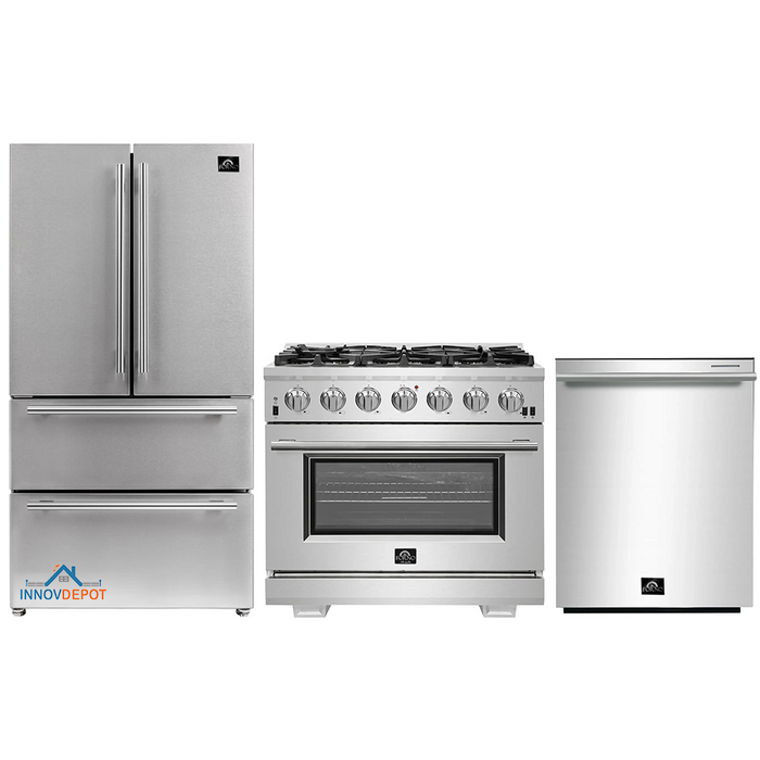 Forno 3-Piece Pro Appliance Package - 36-Inch Gas Range, French Door Refrigerator, and Dishwasher in Stainless Steel