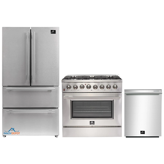 Forno 3-Piece Appliance Package - 36-Inch Dual Fuel Range, French Door Refrigerator, and Dishwasher in Stainless Steel