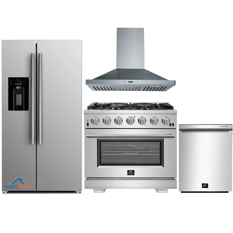 Forno 4-Piece Pro Appliance Package - 36-Inch Gas Range, Refrigerator with Water Dispenser, Wall Mount Hood, & 3-Rack Dishwasher in Stainless Steel