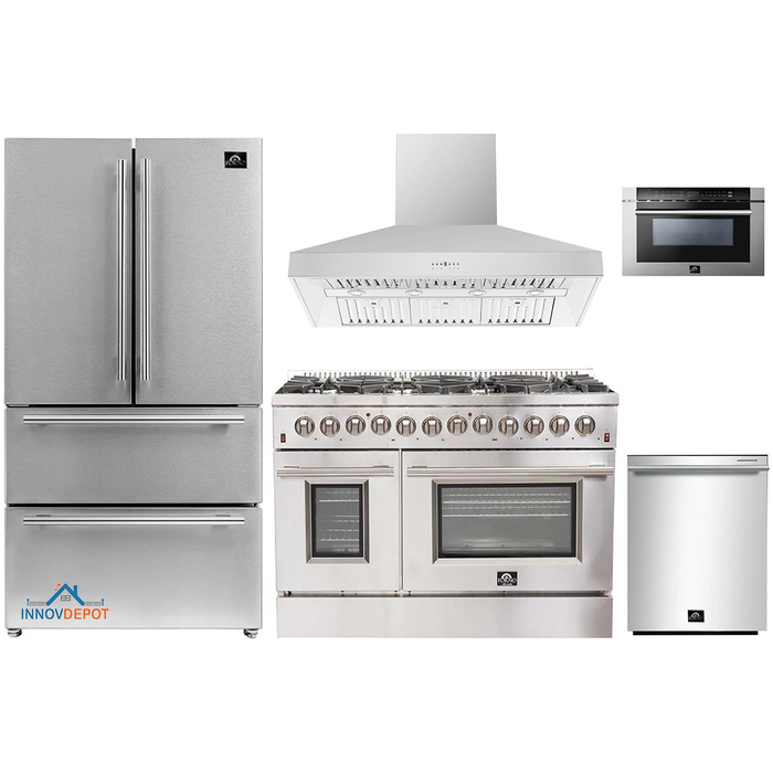 Forno 5-Piece Appliance Package - 48-Inch Dual Fuel Range, Refrigerator, Wall Mount Hood, Microwave Drawer, & 3-Rack Dishwasher in Stainless Steel