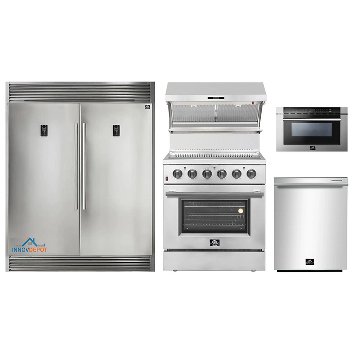 Forno 5-Piece Appliance Package - 30-Inch Electric Range, Wall Mount Range Hood with Backsplash, Pro-Style Refrigerator, Dishwasher, and Microwave Drawer in Stainless Steel