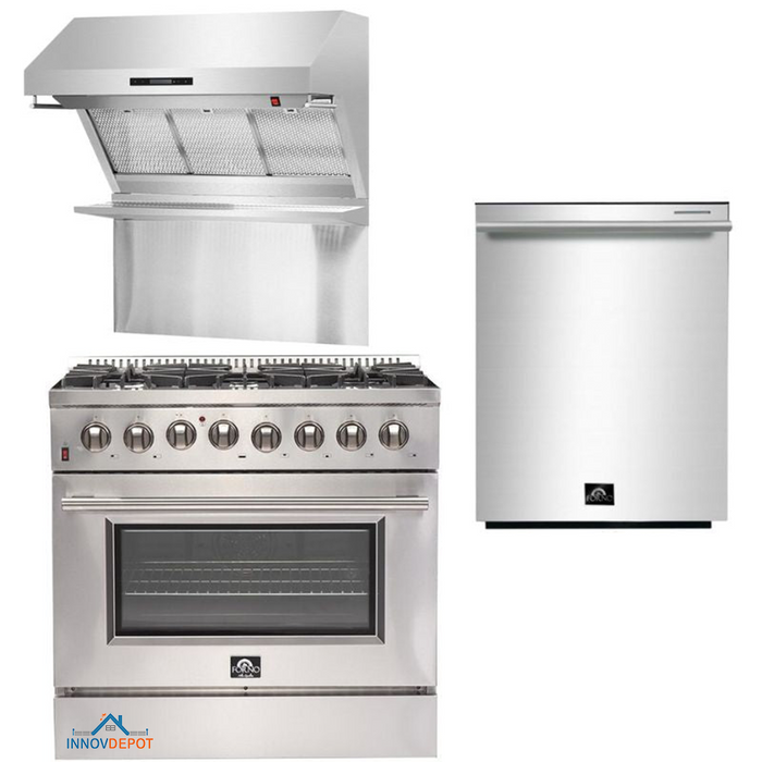 Forno Appliance Package - 36 Inch Dual Fuel Range, Wall Mount Range Hood, Dishwasher, FDWB-FFSGS6156-36