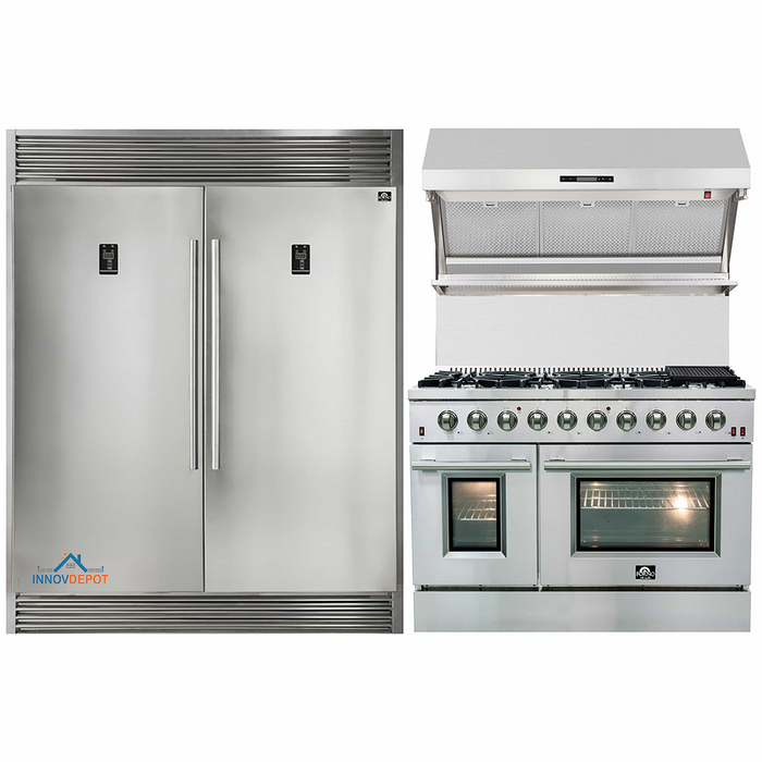 Forno 3-Piece Appliance Package - 48-Inch Gas Range, 56-Inch Pro-Style Refrigerator & Wall Mount Hood with Backsplash in Stainless Steel