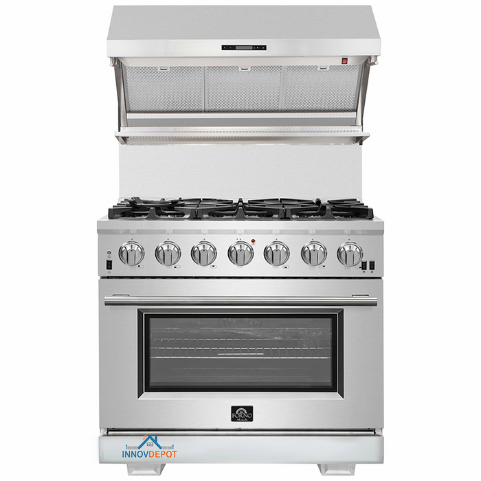 Forno 2-Piece Pro Appliance Package - 36-Inch Gas Range & Wall Mount Hood with Backsplash in Stainless Steel