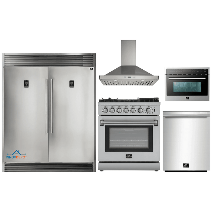 Forno 5-Piece Appliance Package - 30-Inch Dual Fuel Range with Air Fryer, 56-Inch Pro-Style Refrigerator, Wall Mount Hood, Microwave Oven, & 3-Rack Dishwasher in Stainless Steel
