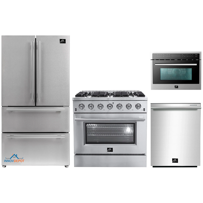 Forno 4-Piece Appliance Package - 36-Inch Gas Range, Refrigerator, Microwave Oven, & 3-Rack Dishwasher in Stainless Steel