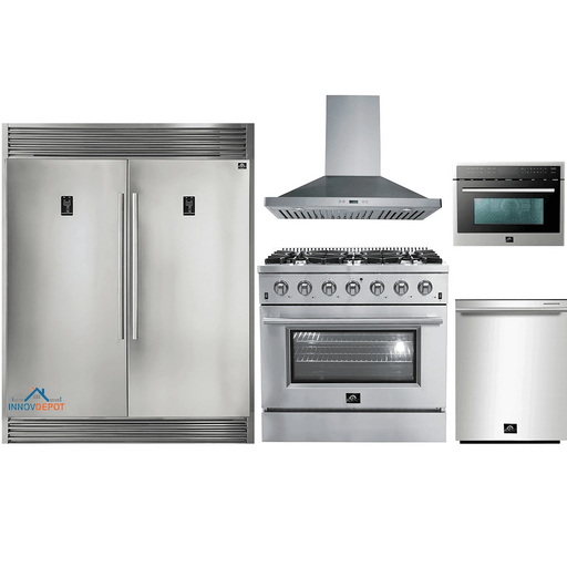 Forno 5-Piece Appliance Package - 36-Inch Gas Range, 56-Inch Pro-Style Refrigerator, Wall Mount Hood, Microwave Oven, & 3-Rack Dishwasher in Stainless Steel