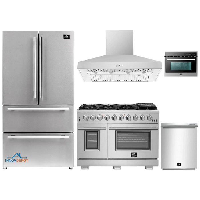 Forno 5-Piece Pro Appliance Package - 48-Inch Gas Range, Refrigerator, Wall Mount Hood, Microwave Oven, & 3-Rack Dishwasher in Stainless Steel