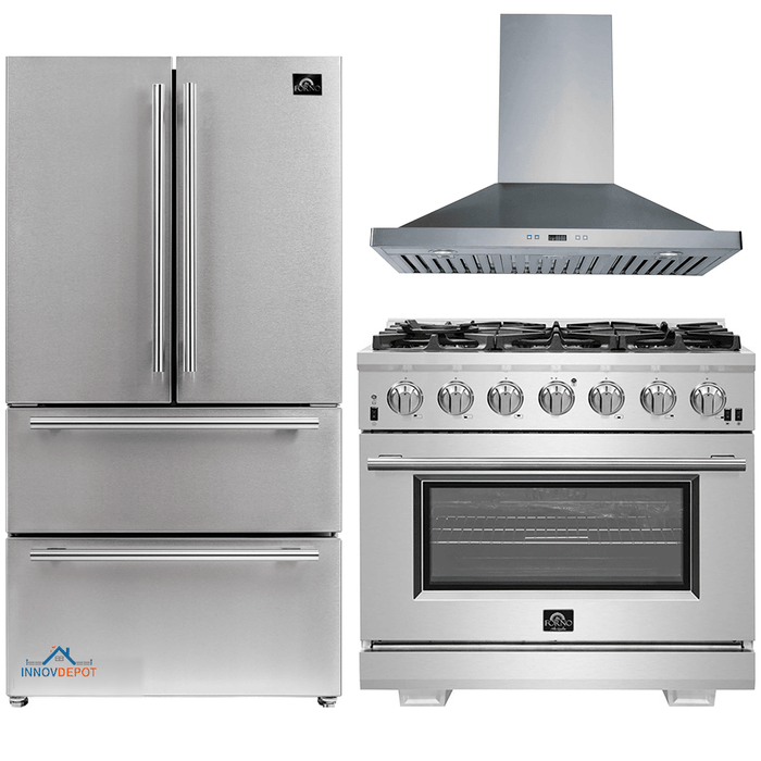 Forno 3-Piece Pro Appliance Package - 36-Inch Gas Range, Refrigerator, & Wall Mount Hood in Stainless Steel