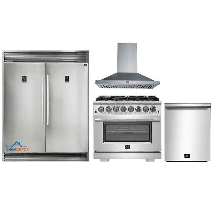 Forno 4-Piece Pro Appliance Package - 36-Inch Dual Fuel Range, 56-Inch Pro-Style Refrigerator, Wall Mount Hood, & 3-Rack Dishwasher in Stainless Steel