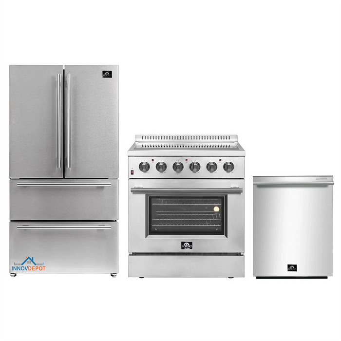 Forno 3-Piece Appliance Package - 30-Inch Electric Range, French Door Refrigerator, and Dishwasher in Stainless Steel