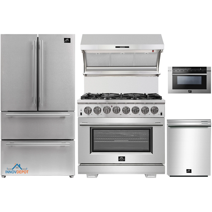 Forno 3-Piece Pro Appliance Package - 36" Dual Fuel Range, 36" Refrigerator, Wall Mount Hood with Backsplash in Stainless Steel