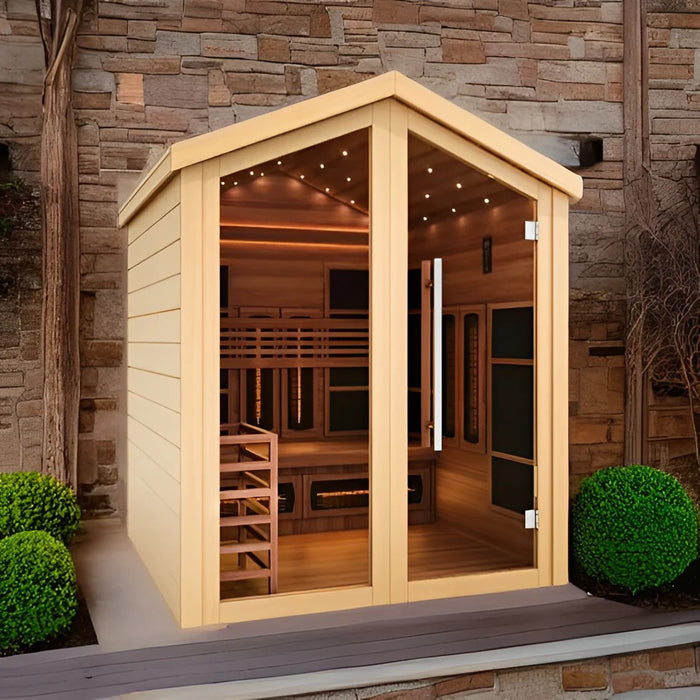 GOLDEN DESIGNS LOVIISA 3 PERSON OUTDOOR-INDOOR PURETECH HYBRID FULL SPECTRUM SAUNA - CANADIAN RED CEDAR INTERIOR GDI-8523-01