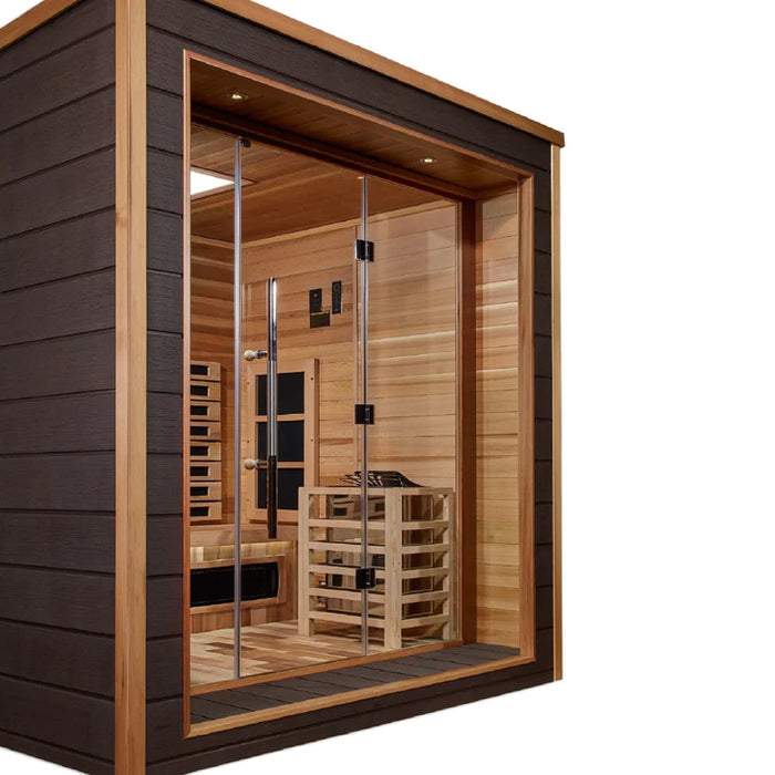 GOLDEN DESIGNS VISBY 3 PERSON OUTDOOR-INDOOR PURETECH HYBRID FULL SPECTRUM SAUNA - CANADIAN RED CEDAR INTERIOR GDI-8223-01