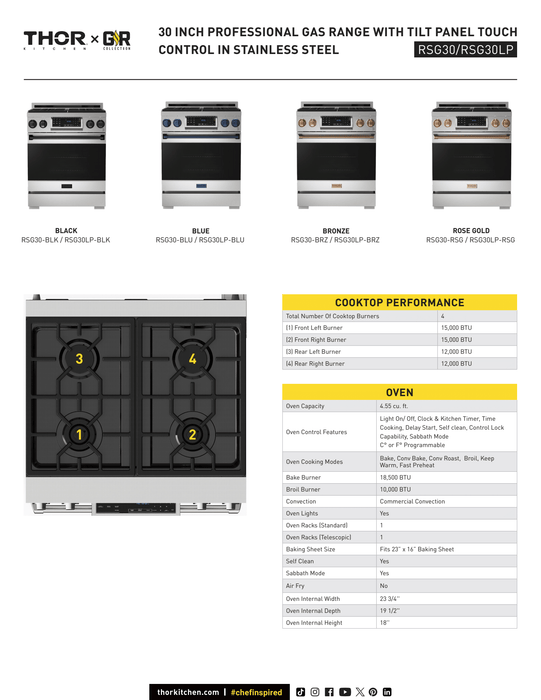 Gordon Ramsay by THOR Kitchen 30" 4.55 cu. ft. Professional Natural Gas Range with Tilt Panel Touch Control and Self-Clean in Stainless Steel, RSG30