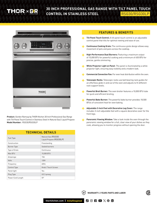 Gordon Ramsay by THOR Kitchen 30" 4.55 cu. ft. Professional Natural Gas Range with Tilt Panel Touch Control and Self-Clean in Stainless Steel, RSG30