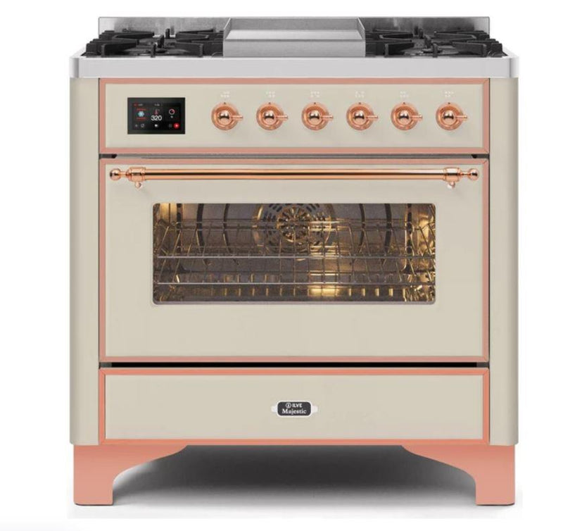 ILVE 36 Inch Majestic II Series Dual Fuel Natural Gas Range with 6 Burners and Griddle with 3.5 cu. ft. Oven Capacity TFT Oven Control Display (UM09FDNS3)