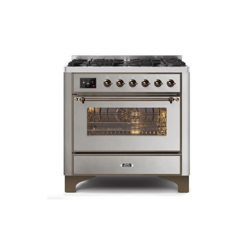 ILVE 36" Majestic II Series Dual Fuel Gas Range with 6 Burners with 3.5 cu. ft. Oven Capacity TFT Oven Control Display (UM096DNS)