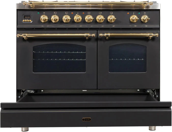 ILVE 40-Inch Nostalgie Dual Fuel Range with 5 Sealed Brass Burners - 3.55 cu. ft. Oven - Griddle - UPDN100FDMP