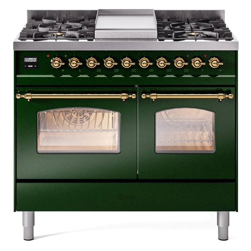 ILVE 40" Nostalgie II Series Freestanding Double Oven Dual Fuel Range with 6 Sealed Burners and Griddle 