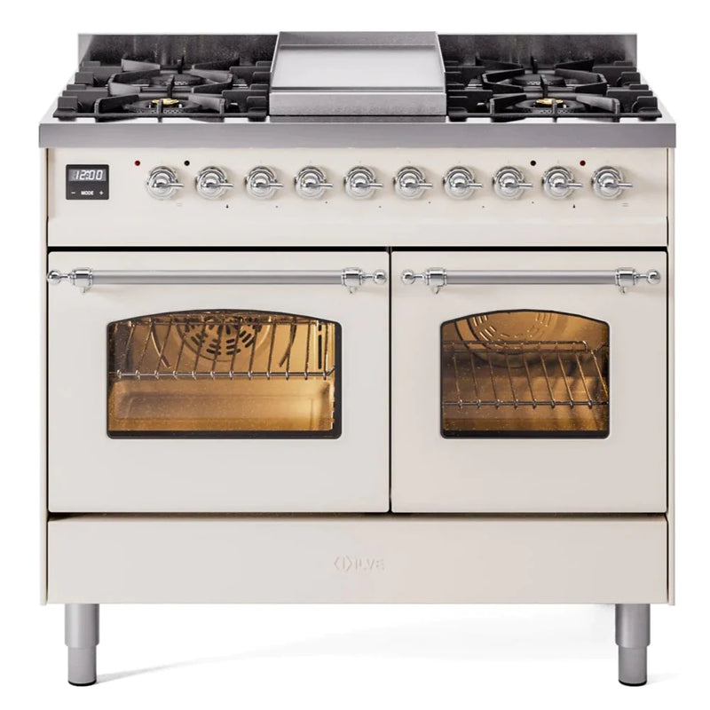 ILVE 40" Nostalgie II Series Freestanding Double Oven Dual Fuel Range with 6 Sealed Burners and Griddle 